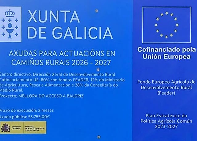 Cartel informativo da actuación «Mellora do acceso a Baldriz», dentro das axudas para actuacións en camiños rurais 2026-2027, cofinanciada pola Unión Europea a través do Feader