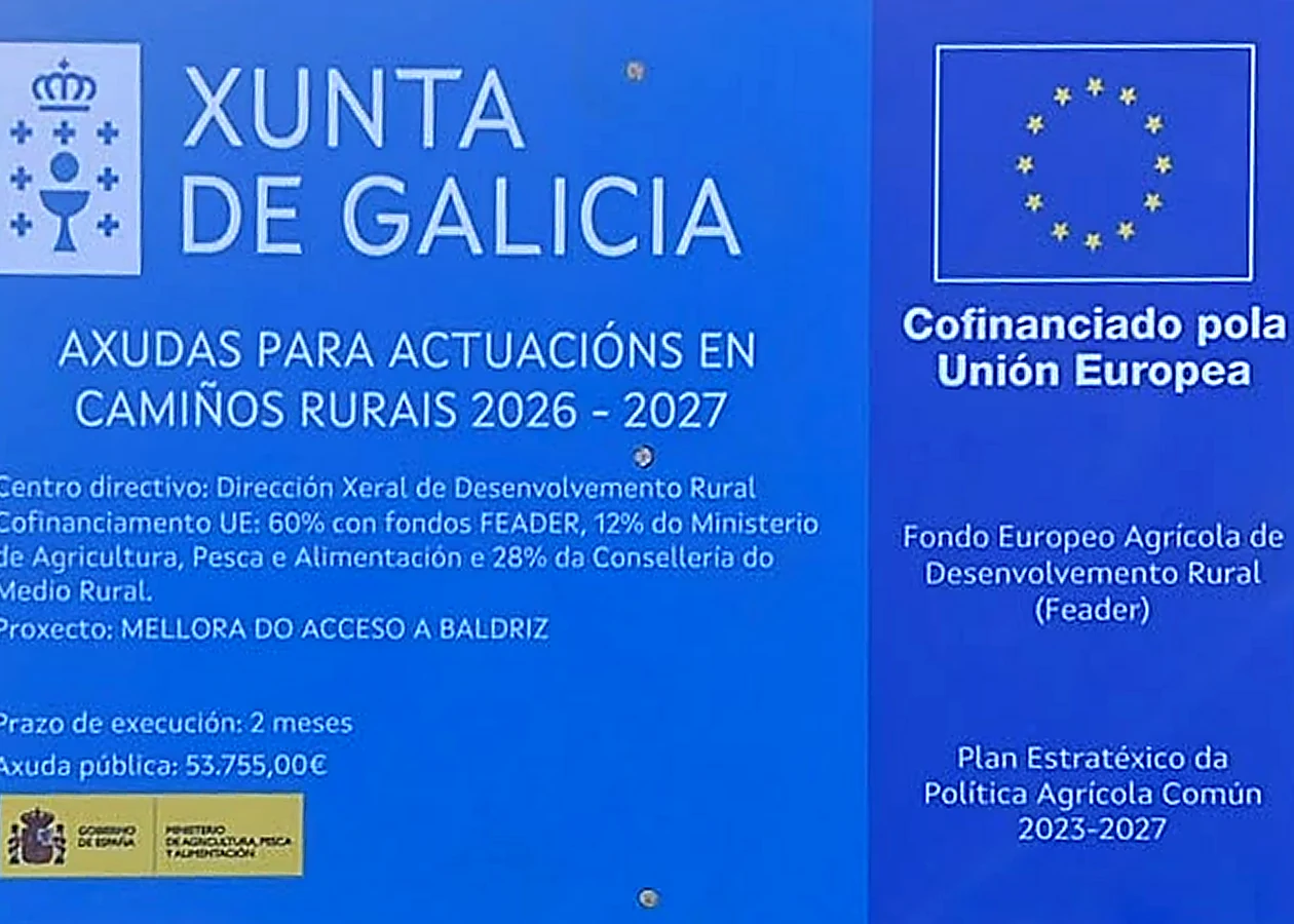Cartel informativo completo da actuación «Mellora do acceso a Baldriz», cos logotipos da Xunta de Galicia, do Goberno de España e da Unión Europea, e a indicación do cofinanciamento polo Fondo Europeo Agrícola de Desenvolvemento Rural