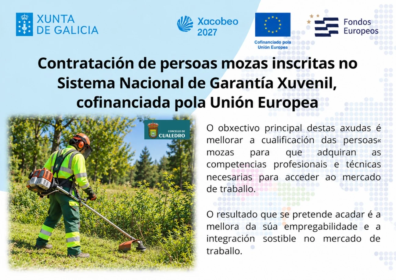 Cartel informativo completo da contratación de persoas mozas inscritas no Sistema Nacional de Garantía Xuvenil, cofinanciada pola Unión Europea, co logotipo da Xunta de Galicia, Xacobeo 2027, Unión Europea e Fondos Europeos